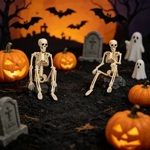 Halloween 40cm bewegliche Skelett Figuren Set mit leuchtenden Kürbissen und Grusel Party Deko.