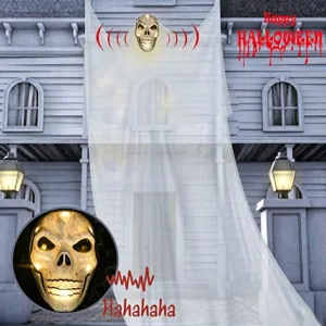 Halloween Gran Fantasma Colgante Activado por Voz Brillante Sonoro Máscara de Fantasma Accesorios de Decoración para Fiesta Gótico Exterior