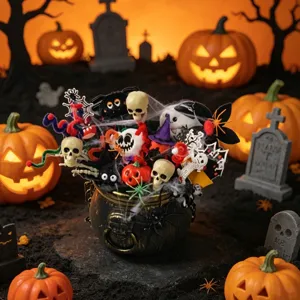 Halloween cauldron bouquet detail shot with mini skulls pumpkins and spooky party ornaments.