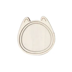 Wooden cat shape embroidery frame detail view, DIY craft accessory blank base, natural wood slice.