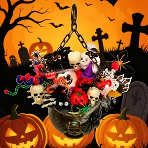 Halloween hanging cauldron decor skeleton skull spooky party ornament detail closeup view