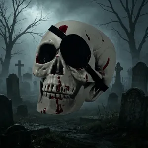 Gruseliger Halloween Totenkopf Deko-Artikel mit Augenklappe und Blut, perfekt für Partys.
