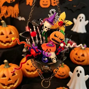 Halloween hanging cauldron bouquet with plush pumpkins and skeletons, perfect for party decor.