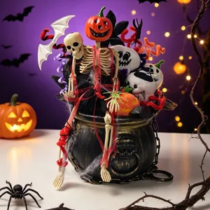 Halloween skeleton pumpkin bouquet bucket decor tabletop spooky party ornament gift setup