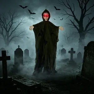 Decoración de fantasma colgante de Halloween con ojos rojos brillantes y capa gris desgarrada.