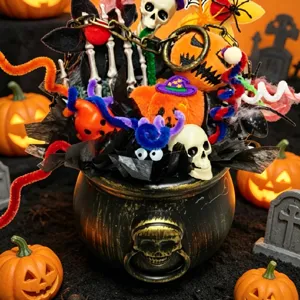 Halloween skeleton bouquet magic bucket party decoration detail shot, spooky holiday prop display