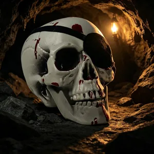 Detailansicht der Halloween Totenkopf Deko mit Augenklappe und Blutflecken für Grusel Requisiten.