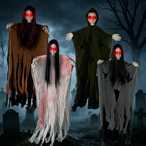 Decoración de Fantasma Colgante Brillante de Halloween Bruja Esqueleto de Terror Con Ojos Rojos Led Para Fiesta Casa Embrujada Jardín