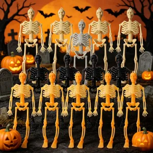 Gedetailleerd overzicht van 15 cm mini plastic Halloween skelet decoraties, hangende rekwisieten.