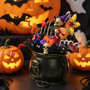 Halloween skull ghost bouquet magic bucket party decoration, detailed view of scary spooky props.