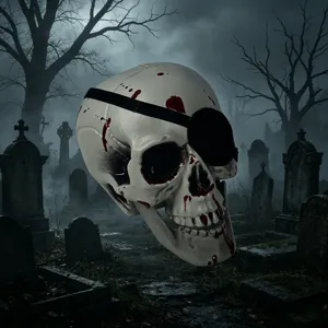 Halloween Schädel Requisite mit Augenklappe und Blutspritzer Design gruselige Friedhof Party Deko.