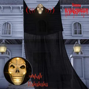 Décoration de Fantôme Suspendu Halloween Activé par le Son Masque de Crâne d'Horreur Lumineux Accessoire Fête