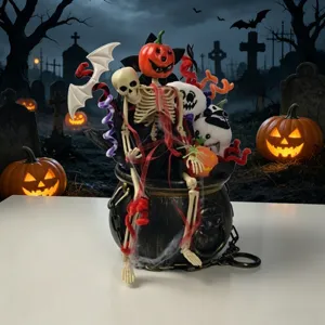 Halloween skeleton pumpkin cauldron bouquet tabletop decoration spooky party festival ornament props