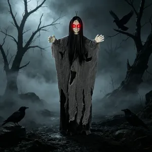 Accesorio de fantasma de bruja colgante de Halloween con ojos rojos brillantes y gasa gris