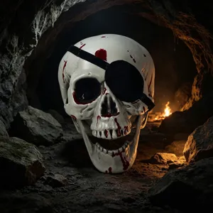 Halloween Totenkopf Requisite mit Augenklappe und Blutflecken für Gruselhaus Dekoration.