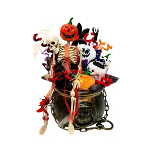 Halloween skeleton bouquet detail featuring cute ghosts, pumpkins, and a black cauldron bucket.