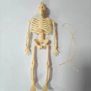Halloween mini kunststof skelet rekwisiet met touw, ideaal voor griezelige feest tafeldecoratie.