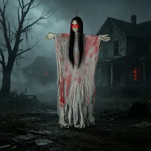 Accesorio de fantasma colgante luminoso de Halloween con ojos rojos terroríficos y gasa gris sangrienta