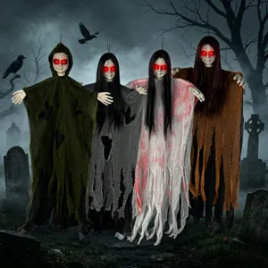 Decoración de fantasma colgante de Halloween con ojos rojos brillantes gasa espeluznante accesorios de fiesta