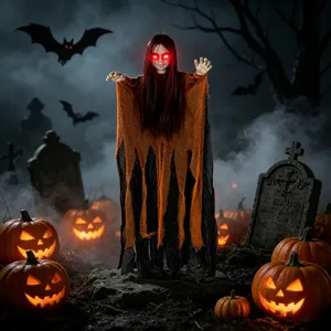 Decoración de Halloween de fantasma colgante luminoso con ojos rojos y gasa espeluznante.
