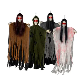 Decoración de fantasma colgante de Halloween con ojos rojos brillantes y túnicas de gasa