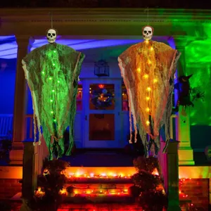 Halloween colgante esqueleto fantasma luminoso con capa de gasa, perfecto para jardín y casa embrujada.
