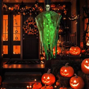 Halloween decoración fantasma colgante luminosa esqueleto con gasa verde para jardín y casa.