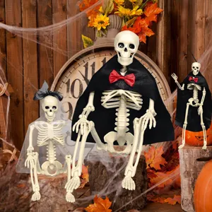 Halloween skeleton couple props, plastic groom and bride skeletons with cape for party decor.