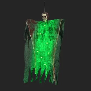 Halloween fantasma colgante luminoso cráneo con gasa verde espeluznante jardín decoración