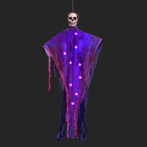 Decoración de fantasma colgante de Halloween con calavera y luces LED brillantes para jardín fiesta.