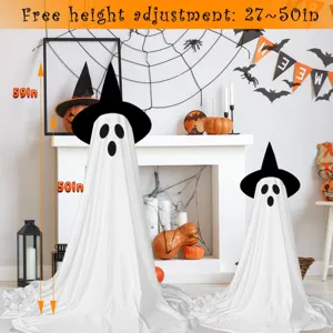 Halloween glowing ghost standing decoration with witch hat and adjustable height for party.