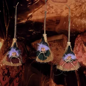 Escoba de Bruja de Halloween Vintage Adorno Colgante Espeluznante Vieja Abuela Colgante de Madera Paja para Puerta Fiesta