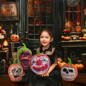 Halloween latex pumpkin head props, scary skull clown ornaments for party haunted house decor.