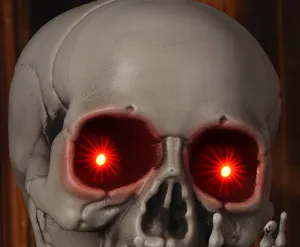Nahaufnahme Detail der Halloween Simulationsschädel Requisite mit leuchtenden roten Augen.