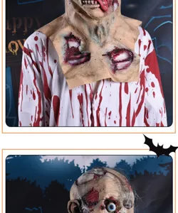 Halloween creepy zombie latex mask with bloody wound design, perfect for cosplay and party.
