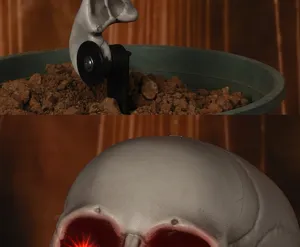 Halloween gruselig Totenkopf Requisite Detail, leuchtende rote Augen und stabiler Erdpfahl.