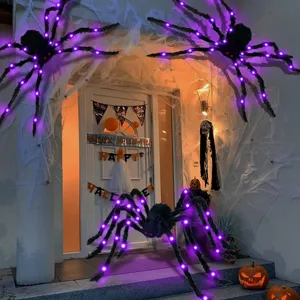 Halloween glowing hairy spider decorations outdoor purple LED lighted giant spooky props