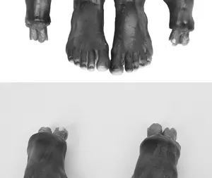 Halloween severed feet prop detail shot, realistic horror decor for haunted house and party.