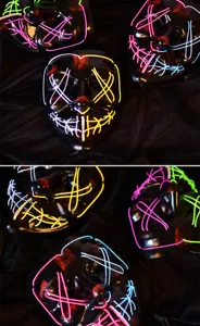Detailansicht leuchtender LED Halloween Masken mit bunten Neon Lichtdrähten und gruseligen Motiven.