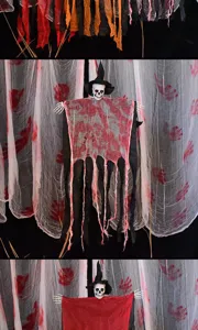Halloween esqueleto colgante fantasma vista detallada con gasa sangrienta para casa embrujada.