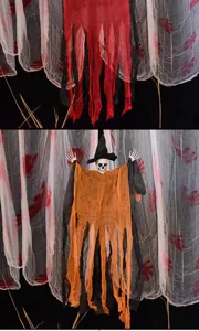 Accesorios de esqueleto colgante de Halloween con gasa sangrienta para decoración de casa embrujada.