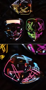 Nahaufnahme der Halloween LED Leuchtmaske mit bunten Neonlichtdrähten und Details.