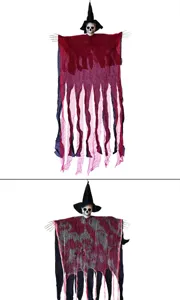 Accesorio de fantasma de esqueleto colgante de Halloween con sombrero de bruja y gasa.