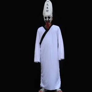 Halloween Gruseliges Kostüm-Set Schwarz Weiß Robe Mit Hohem Hut Maske Requisite Traditionelles Chinesisches Mythos Geist Cosplay Kostüm Für Geisterhaus Geheimes Zimmer Karneval Party Thema Requisiten