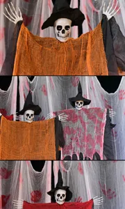 Detalles de fantasma colgante de Halloween, calavera y gasa para decoración de fiesta.