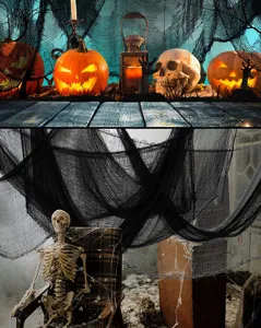 Halloween black gauze creepy fabric decoration scene detail showing spooky atmosphere prop setup.