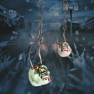 Halloween hanging zombie head chain prop, spooky haunted house party yard decoration.