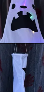 Dettaglio manica a vento fantasma luminoso di Halloween, decorazione LED sospesa per festa.