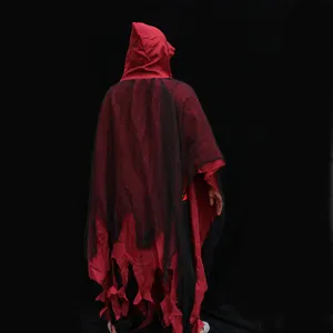 Cape de faucheuse à capuche Halloween, cape déchirée rouge et noire pour les fêtes.