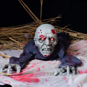 Halloween electric crawling zombie prop, sound activated glowing spooky haunted house decor.